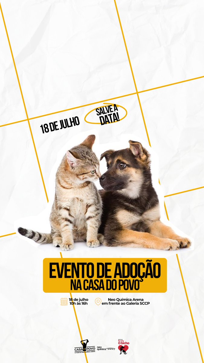 Corinthians's tweet photo. Vem aí um dia especial na Casa do Povo! 🖤🐾

No dia 18 de julho, o Tour Casa do Povo, na Neo Química Arena, se une ao Instituto Eu Sou o Bicho para um evento de adoção!
Uma oportunidade de viver a experiência do tour e talvez encontrar um novo melhor amigo para a vida toda.

📅 18 de julho, das 10h às 16h.