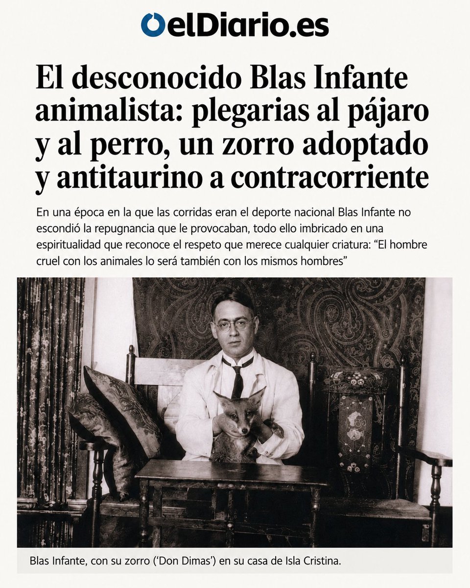 PartidoPACMA's tweet photo. 👉Tanto los herederos políticos de quienes ejecutaron a Blas Infante como la izquierda y los partidos andalucistas que hoy lo homenajean han traicionado uno de sus principios más claros: la defensa de los animales.

🔴Ninguno de ellos lucha realmente por protegerlos, pese a que el propio Blas Infante dejó un legado inequívoco en este ámbito. Fue un convencido antitaurino, denunció las peleas de gallos y llegó a adoptar a un pequeño zorro, demostrando con hechos su compromiso con los animales. Fue el autor de la primera ley animalista.

❌Sin embargo, ninguno de los partidos que hoy reivindica su figura defiende sus derechos.

💚Estamos seguros de que si viviera en nuestros tiempos, votaría a PACMA.

🟢Somos el verdadero progresismo de Andalucía.

#BlasInfante #ÚneteALaRevoluciónVerde #ÚneteAPACMA