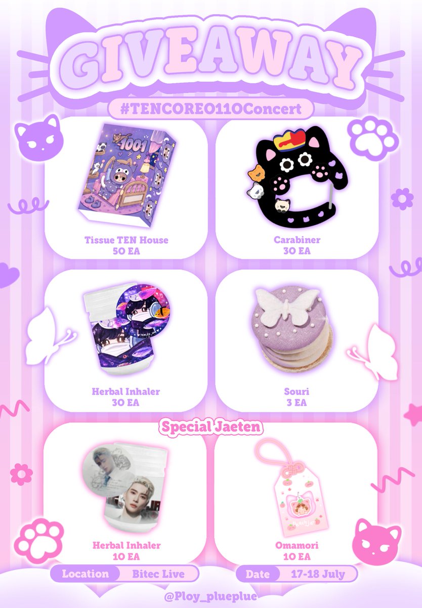 Ploy_plueplue's tweet photo. Plz RT｡˚🐱◝｡Giveaway for 10vely｡˚🐱◝｡

Random
♡ Tissue Tennie House 50 ea
♡ Carabiner 30 ea
♡ Herbal Inhaler 30 ea

Secret
♡ Souri 3 ea

Special JaeTen
♡ Herbal Inhaler 10 ea
♡ Omamori 10 ea

ღ date : 18-19 July 2026
ღ Bitec Live 
ღ Rule : RT and show this tweet
ღ Rule JT : Say!! “พี่ล์ก็มีแค่ผม”

#TENCORE0110iscalling
#TENCORE0110Concert
#10YearsWithTEN