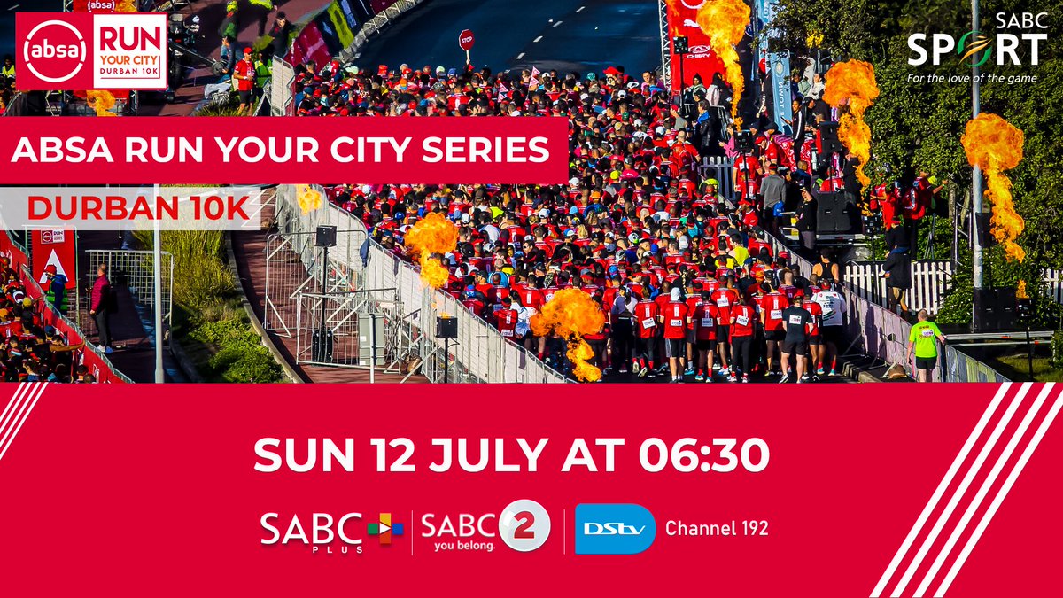 SABC_Sport's tweet photo. 🏃‍♀️ ABSA RUN YOUR CITY DURBAN 10K 🏃‍♂️

Speed. Endurance. City pride. 🔥

South Africa's top road runners are set to light up the streets of Durban in one of the country's premier 10K races. Who will claim victory? 🏅

📅 Sun, 12 July
🕡 06:30
📺 Live on SABC 2
💻 Stream live on https://t.co/mPFr5lSZOU

#SABCSport #RunYourCity #AbsaRunYourCity #AllOfUsAllInKaofela