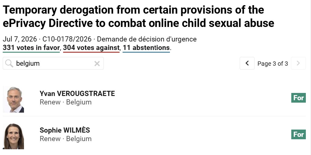 TijlDeBie's tweet photo. Een donkere dag voor de Europese democratie en het recht op privacy: de hernieuwing van #ChatControl 1.0 is nu zo goed als een voldongen feit.
Zo stemden de Vlaamse Europese Parlementsleden:
- Tegen (en dus vóór uw privacy 👍): @vlbelang (@gannemans @TomVandendriese @Barbarabonte), @groen (@msaraswati), @pvdabelgie (@RudiKennes), @vooruit_nu (@BTobback @kvanbrempt), @anders_partij (@hildevautmans).
- Voor (en dus tégen uw privacy 👎): @de_NVA (@jvanovertveldt @Assita_Kanko @KrisVanDijck1), @cdenv (@wbeke @LiesbetSommen).
Zéér benieuwd naar de uitleg van @FranckenTheo ("❌Chatcontrol Promises made, promises kept"), @MichaelFreilich ("no pasarán"), en @jeroen_bergers ("@de_NVA houdt woord. ✌️").