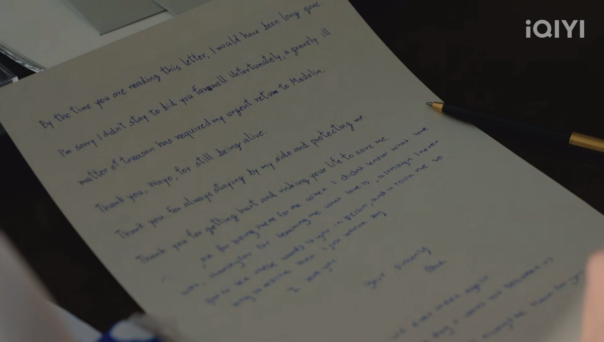 freenkyMYY's tweet photo. blew wrote her letter in english 😭😭

“by the time you are reading this letter, i would have been long gone. i’m sorry i didn’t stay to bid you farewell. unfortunately, a gravely ill matter of treason has required my urgent return to madelin. thank you, wayo, for still being alive. thank you for always staying by my side and protecting me. thank you for getting hurt and risking your life to save me. thank you for being there for me when i didn’t know what love was. thank you for teaching me what love is. although i never get to say these words to you in person and it took me so long but i just wanna say, i love you. yours sincerely, blew”