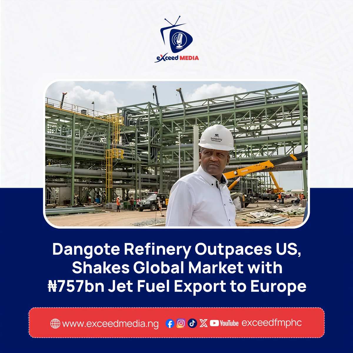 exceedfmphc's tweet photo. 🇳🇬 Dangote Refinery overtook the U.S. as Europe’s biggest jet fuel supplier in June after exporting 466,000 metric tonnes worth an estimated ₦757bn.

More: https://t.co/gUQYEoq6gi

Should this benefit Nigerians at home? 👇 https://t.co/uZJZ6kEQX0