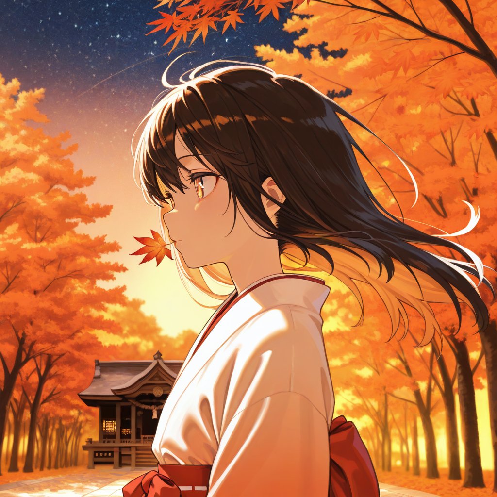 AnimeMuseAI's tweet photo. あれ？これ、自分だけ刺さるやつかも。七夕の星空を背景に紅葉と巫女さん配置してみたんだけど、なんかこう…ノスタルジーと切なさが渾然一体化してる気がするんだよね。深夜作業あるあるだ。 https://t.co/8ET0YQE6uk