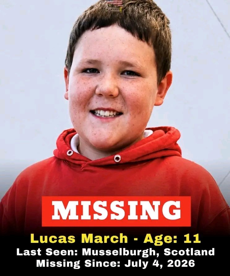 FreyjaBakke's tweet photo. Urgent appeal! Lucas March is an 11-year-old boy who has been reported missing from Musselburgh, Scotland. Lucas was last seen at approximately 5:00 PM on Saturday, July 4, 2026, in the Delta Court area.
 If you have seen Lucas March or have any information regarding his whereabouts, please contact Police Scotland immediately by calling 101. If you believe he is in immediate danger or you have just seen him, call 999.