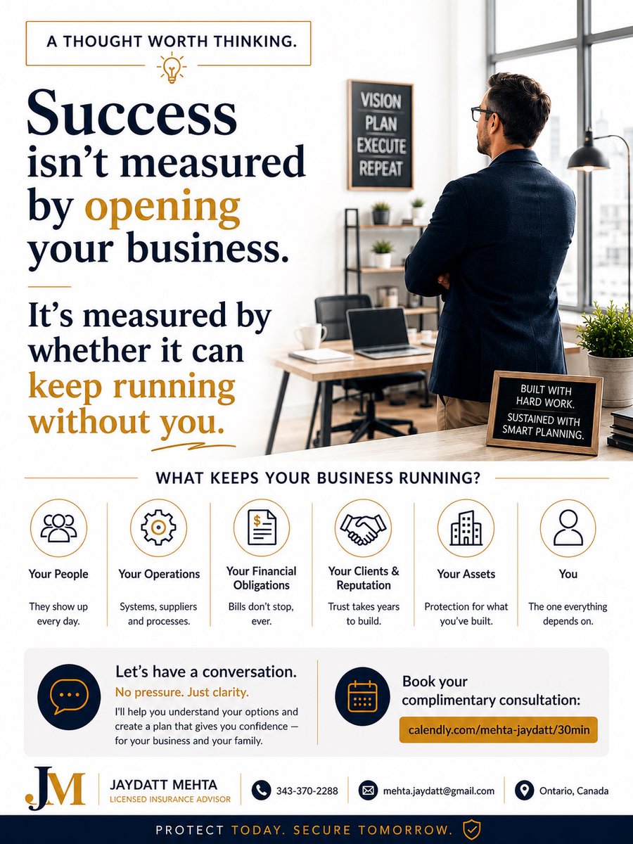 jaydattmehta1's tweet photo. Success isn’t measured by opening your business.

It’s measured by whether it can keep running without you.

The strongest businesses aren’t just built to grow.

They’re built to endure.

💭 A thought worth thinking.

📅 https://t.co/KEng9o2pus

#BusinessOwner #Entrepreneur https://t.co/b2xx9SYOM9