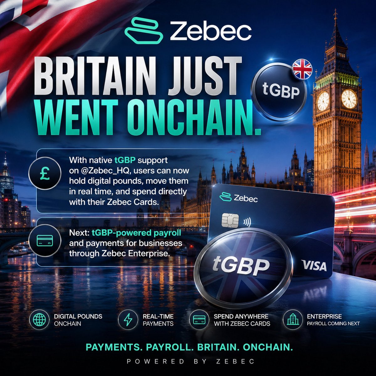 CaptainZackZBCN's tweet photo. 🇬🇧 Britain just went onchain.

Native tGBP is now live on Zebec hold digital pounds, move them in real time, and spend with your Zebec Card Next: tGBP powered payroll and business payments through @Zebec_HQ Enterprise. https://t.co/de7z3N6OPM