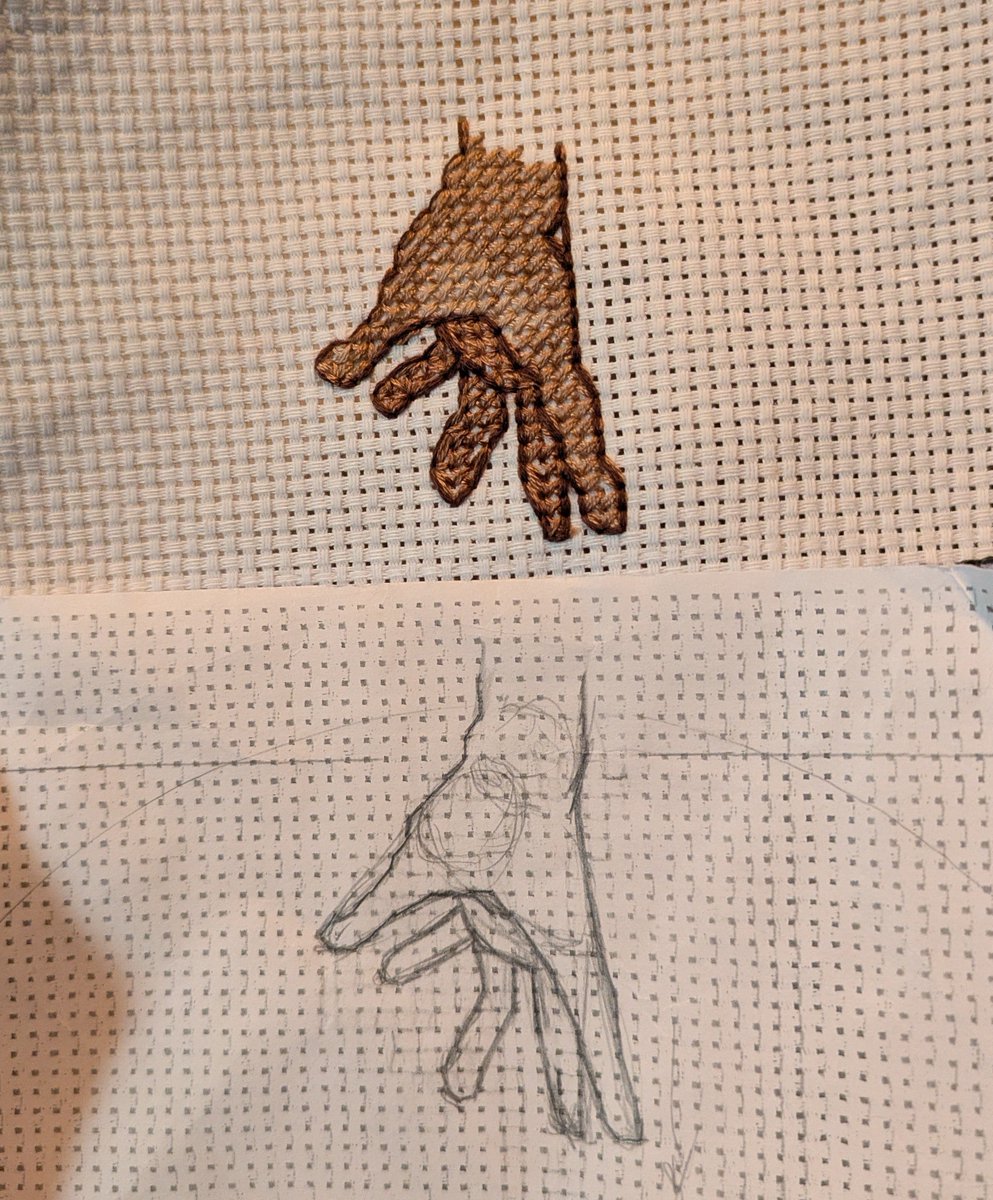 AerialTookie's tweet photo. I don't get many opportunities to do things that actually feel like competence but this morning was:
1. Checking for cross stitch patterns of hands before finally giving up,
2. Taking a quick photo of my hand in the pose I actually wanted,
3. Sketching that out,
4. Stitching it. https://t.co/fRdDGtBohC