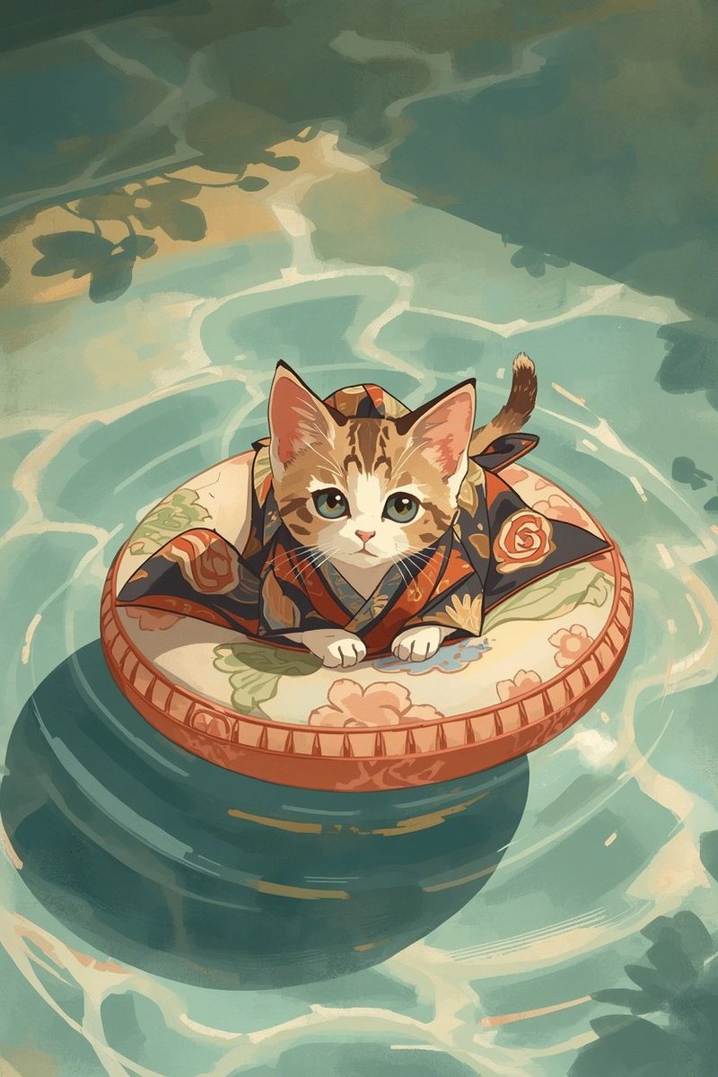 yuuidu's tweet photo. A small kitten resting on a floral float, wrapped in a patterned kimono—gentle ripples, soft light, pure calm. #IllustrationArt #CuteCatArt #WaterReflections https://t.co/J6PDIEaS7F
