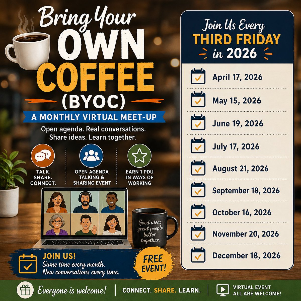 PMIkeystone's tweet photo. BYOC (Bring Your Own Coffee) is a Lean meetup—no agenda or slides, just real conversations.
- Share knowledge
- Explore new ideas
- Earn 1 PDU (Ways of Working)
- Free for members &amp; non-members
Join us every 3rd Friday in 2026.
#LeanCoffee #ProjectManagement #PMI #Networking https://t.co/EUajRmCOvq