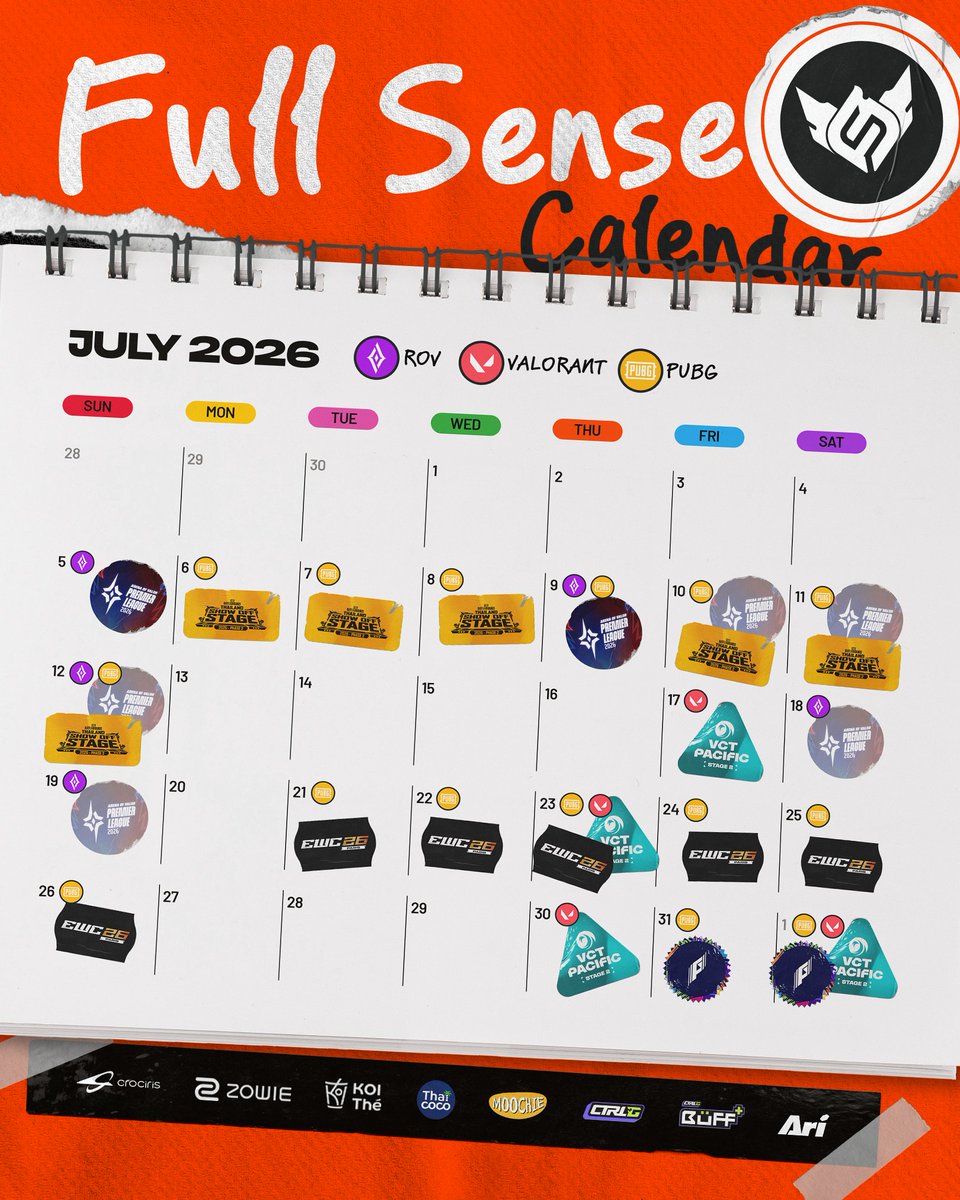 fullsense_gg's tweet photo. 🔥 FULL SENSE MONTHLY SCHEDULE • JULY 2026 🔥
July is about to be absolute cinema. The boys are booked and busy across 3 titles! We’re going ALL IN this month.

📅 July Tournament Schedule:
🛡️ RoV Team
Tournament: Arena of Valor Premier League 2026 (APL 2026)
Stage: Playoffs
Dates: July 4–19, 2026

🔫 VALORANT Team
Tournament: VCT 2026: Pacific Stage 2
Stage: Group Stage
Dates: July 16 – August 9, 2026

🪂 PUBG Team
• Tournament: PUBG Thailand Show-Off Stage 2026 Phase 2
Stage: Final Stage
Dates: July 6–12, 2026
• Tournament: Esports World Cup 2026 (EWC)
Dates: July 21–23, 2026
• Tournament: Games of the Future 2026
Dates: July 29 – August 9, 2026
.
#FULLSENSE #FSRoV #FSVALORANT #FSPUBG #FSFLYHIGH #APL2026 #VCTPacific #PUBGThailandShowoffStage
#CROCIRIS #ZOWIE #KOITheThailand #ไทยโคโค่ #moochiepetfood #CtrlG #CtrlGBuFF #Ari