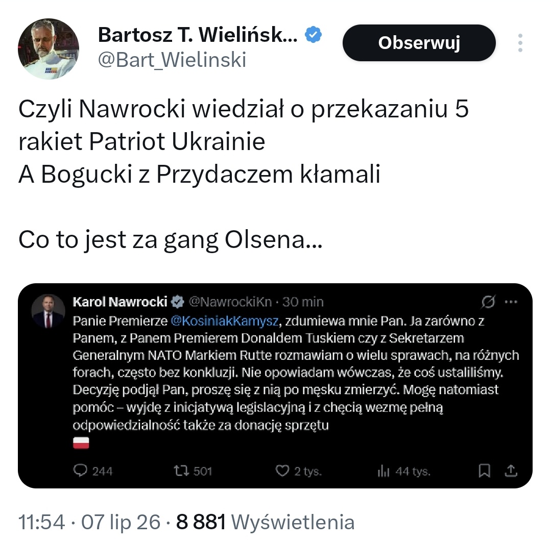 BoguckiZbigniew's tweet photo. Indoktrynator @Bart_Wielinski z gangu gazety wybiórczej albo nie potrafi czytać ze zrozumieniem słów Pana Prezydenta i słuchać ze zrozumieniem tego co mówiłem w sobotę w @PolsatNewsPL albo, co bardziej prawdopodobne, tak przywykł do kłamst i manipulacji, że w jego logice inni też muszą postępować jak on oraz jego otoczenie i środowisko polityczne na rzecz którego uprawia propagandę.

Na koniec suche fakty, które dla ludzi takich jak Wieliński zawsze są niewygodne: decyzję w sprawie przekazania pocisków do systemu Patriot podjął rząd, a nie Prezydent @NawrockiKn i nie Kancelaria @prezydentpl.