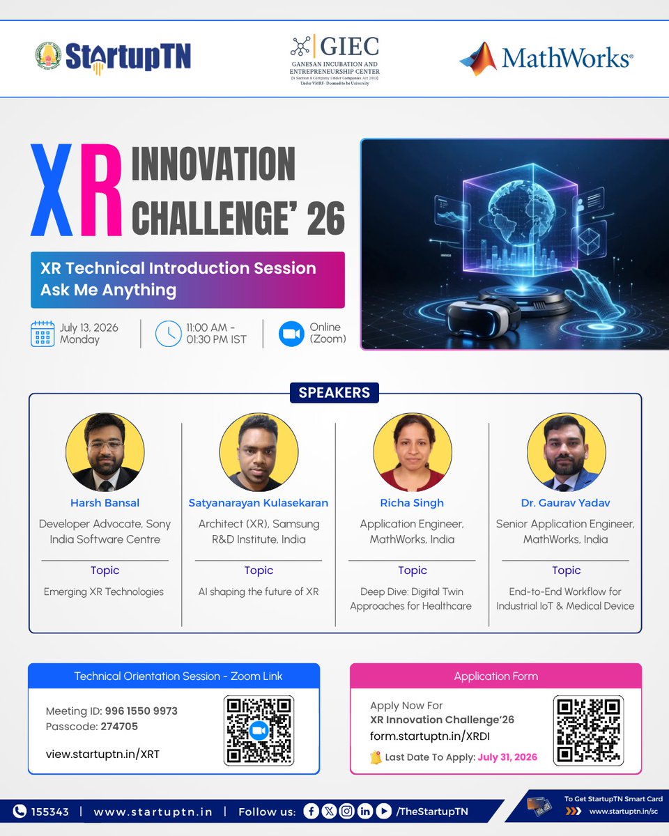 TheStartupTN's tweet photo. XR Innovation Challenge '26 | XR Technical Introduction Session &amp; Ask Me Anything

Date: 13 July 2026 (Monday)
Time: 11:00 AM – 01:30 PM IST
Mode: Online (Zoom)
Join the Technical Orientation Session: https://t.co/3uAHBf2oHU

#StartupTN #XRInnovationChallenge2026 

@TNDIPRNEWS https://t.co/8tNb8djx9A