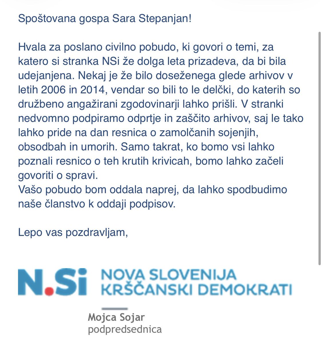 StepanjanSara's tweet photo. Podpora stranke NSi
Samo takrat, ko bomo vsi lahko poznali resnico o teh krutih krivicah, bomo lahko začeli govoriti o spravi.— Mojca Sojar, podpredsednica NSi
Čakamo še odziv ostalih. Hvala NSi https://t.co/vinHqyKI0Y
