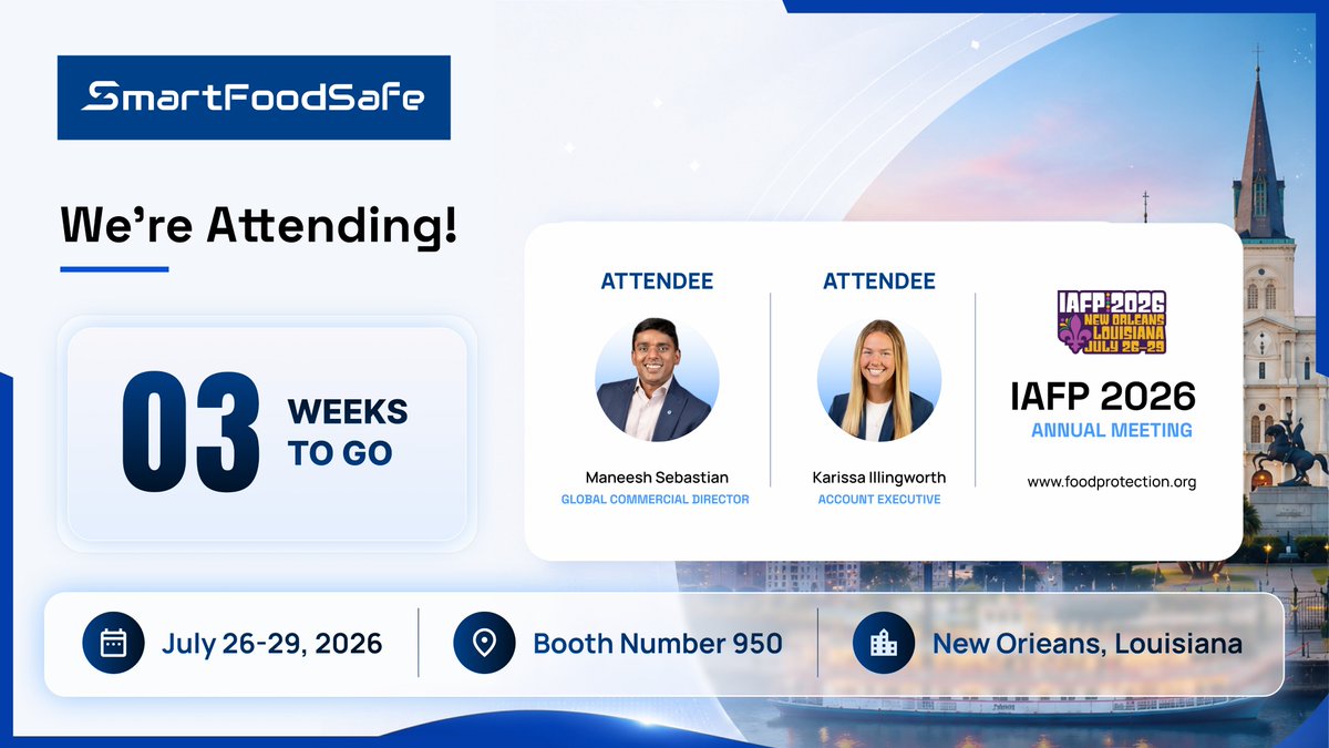 smartfoodsafe's tweet photo. Three weeks until IAFP 2026.

Meet our team at Booth #950 to discover how we're helping food businesses simplify food safety and quality management through one connected digital platform.

Book a meeting:
https://t.co/ypirDZE1Wv

https://t.co/5xnl5eaegc
#IAFP2026 #FoodSafety https://t.co/Ne4dalKXXz