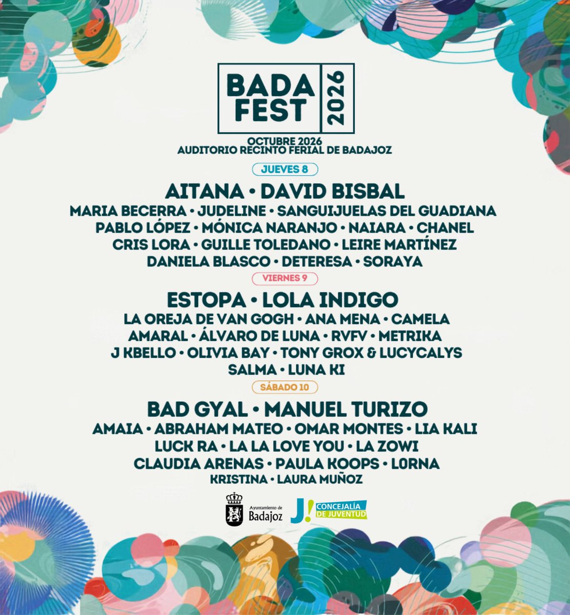 tinyy_mp3's tweet photo. BADA FEST anuncia su nueva edición 2026 que se celebrará en octubre en el Auditorio Recinto Ferial de Badajoz con Aitana, David Bisbal, Estopa, Lola Indigo, Bad Gyal, Manuel Turizo, Maria Becerra, Ana Mena, Amaia… entre otros ❤️‍🔥. https://t.co/ZjmQAe7sLm