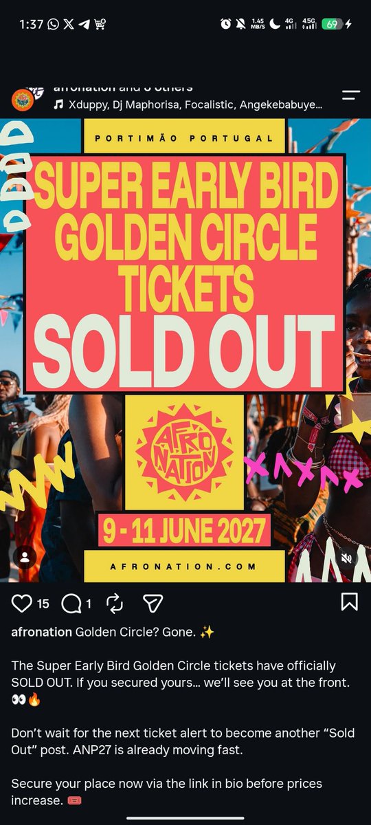 Wuwaika90's tweet photo. 🚨 Afro Nation 2027 Super Early Bird Golden Circle Ticket is sold out in less than 24 hours following Wizkid’s electrifying performance in Portugal 🦅 https://t.co/OvePoS2gxn