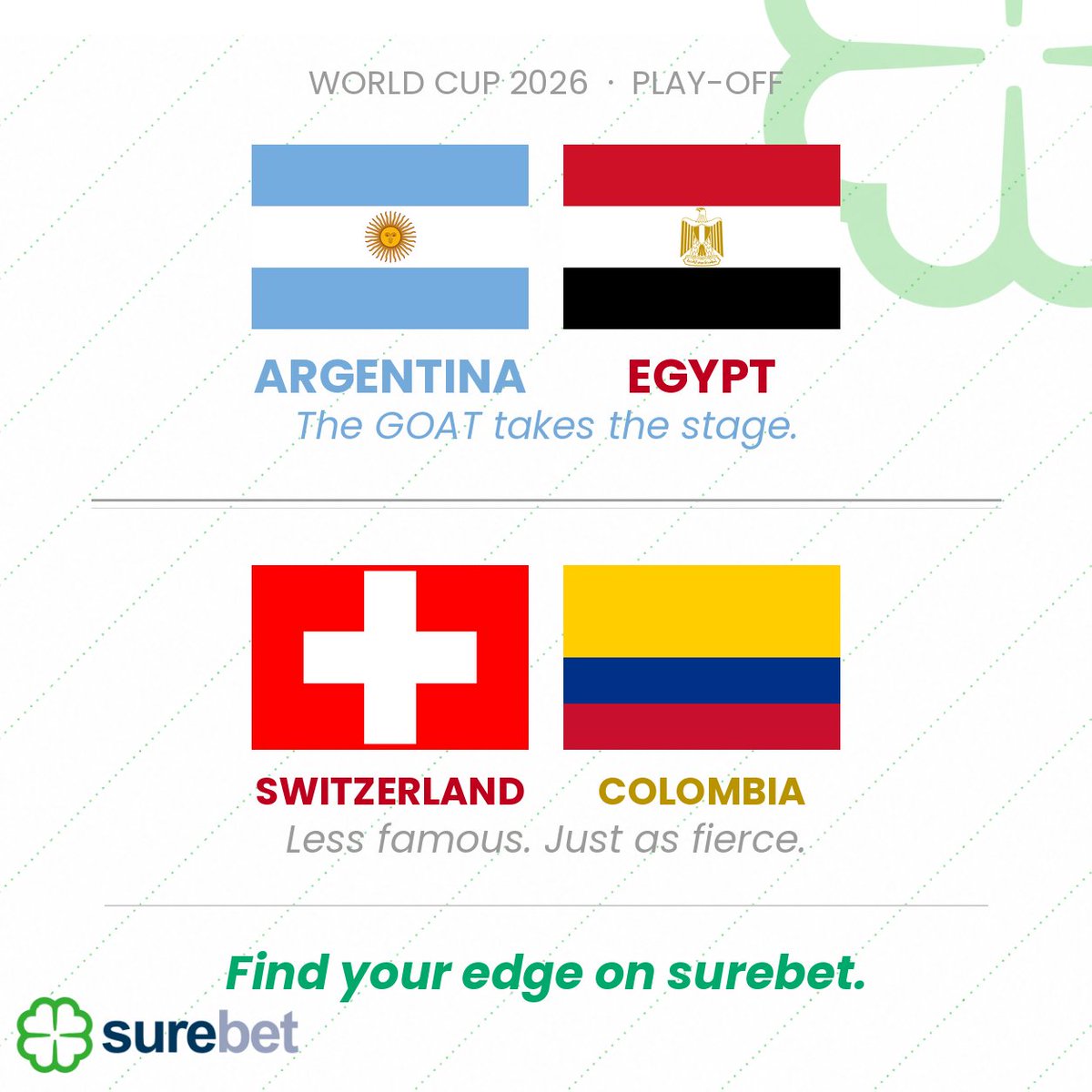 surebetcom's tweet photo. The Play-off stage is here. 🌍
🇦🇷 Argentina vs Egypt — The GOAT takes the stage.
🇨🇭 Switzerland vs Colombia — Less famous. Just as fierce.
No guarantees. Find your edge → https://t.co/P3nBHpPC7i
#WorldCup2026 #Messi #PlayOff https://t.co/WhIa89lCmj