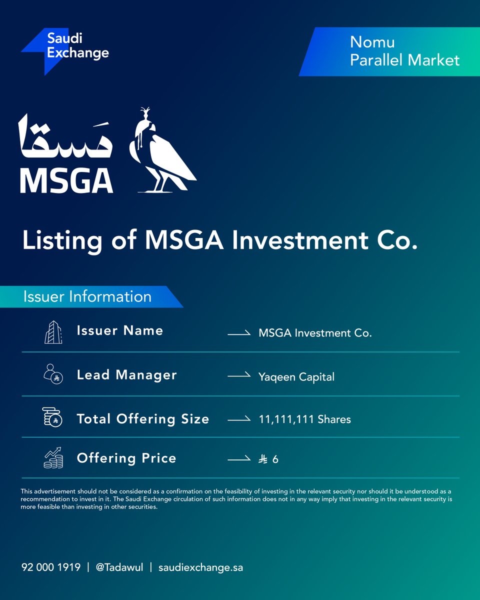tadawul's tweet photo. Tomorrow, we celebrate the listing of MSGA Investment Company on the #NomuParallel Market.
Symbol: 9655.
#Saudi_Exchange https://t.co/KhGzNpvW0m