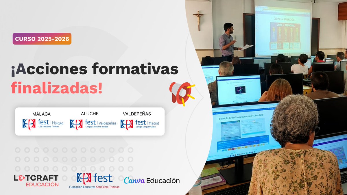 L3TCRAFT_EDU's tweet photo. 📢 Nueva formación finalizada con @centrosFEST  en @trinitariosM, Valdepeñas y @Trinitariasmlg 

Han trabajado Canva Educación para crear recursos útiles y aplicables al aula.

¡Gracias por la confianza! https://t.co/EFDl83Vndw