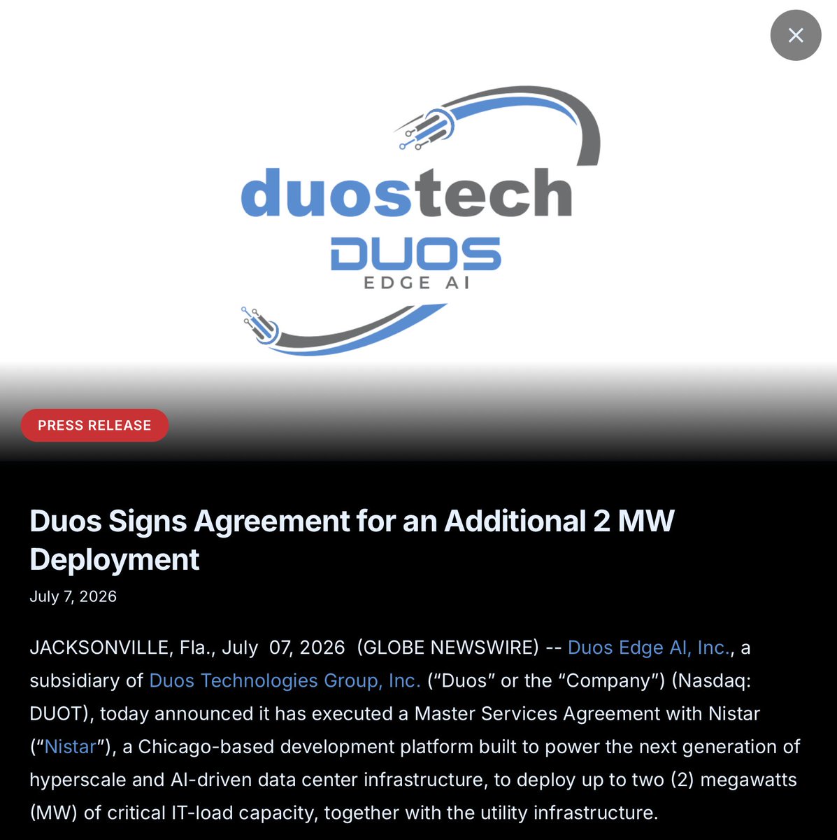 yianisz's tweet photo. The market will probably see "just another 2 MW deal"

I see proof that the model is working..

$DUOT now has 10 MW committed at Columbus with billing expected by the end of August. The customer plans to deploy 1,024 $NVDA B200 GPUs and already talks about multiple future deployments.