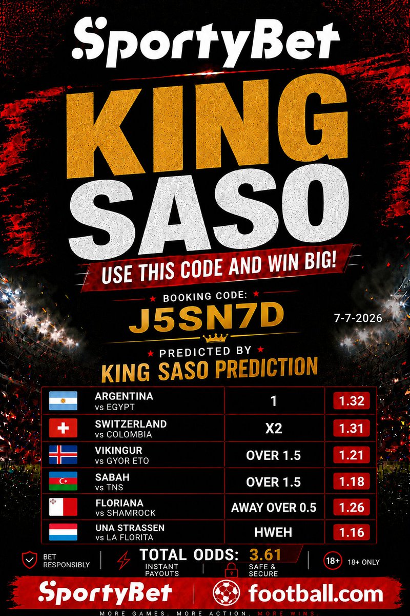 SasoPredictions's tweet photo. TODAY'S FRER PICK: 3.61 ODDS 
BOOKING CODE :J5SN7D

LIKE, SHARE AND FOLLOW TO ENJOY PROFITABLE PREDICTIONS.

#GOAT https://t.co/wM4UpbPLvN