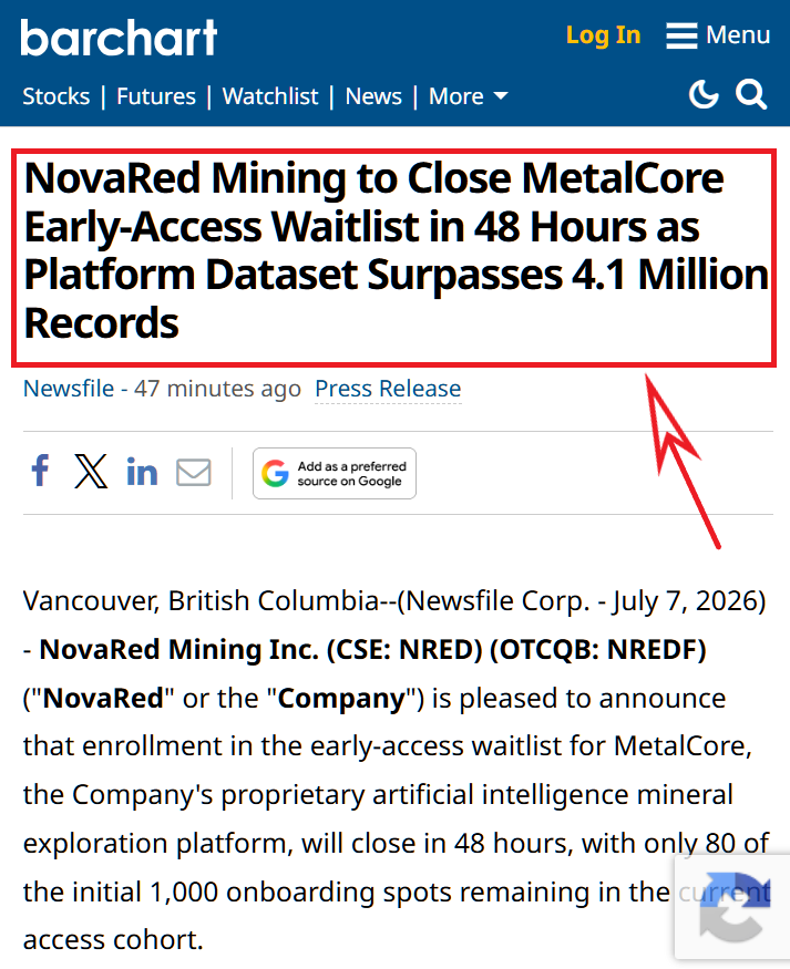 ogioj47373825's tweet photo. Yo thesis builders, this is why I bought and keep holding NovaRed Mining Inc. CSE: $NRED / OTC: $NREDF.

Most junior explorers wait for drill results to get attention. NovaRed is building MetalCore first: an AI platform designed to scan public geological and mineral data, then turn that into prioritized exploration targets.

Now the dataset is over 4.1M records, and early access is nearly full.

Only 80 spots left out of 1,000 before the cohort closes.

That’s the kind of momentum I want before the market gets too comfortable with the story.

This is my take, but not financial advice. You’re the one in the driver’s seat!

$INTC $MSTR $COIN