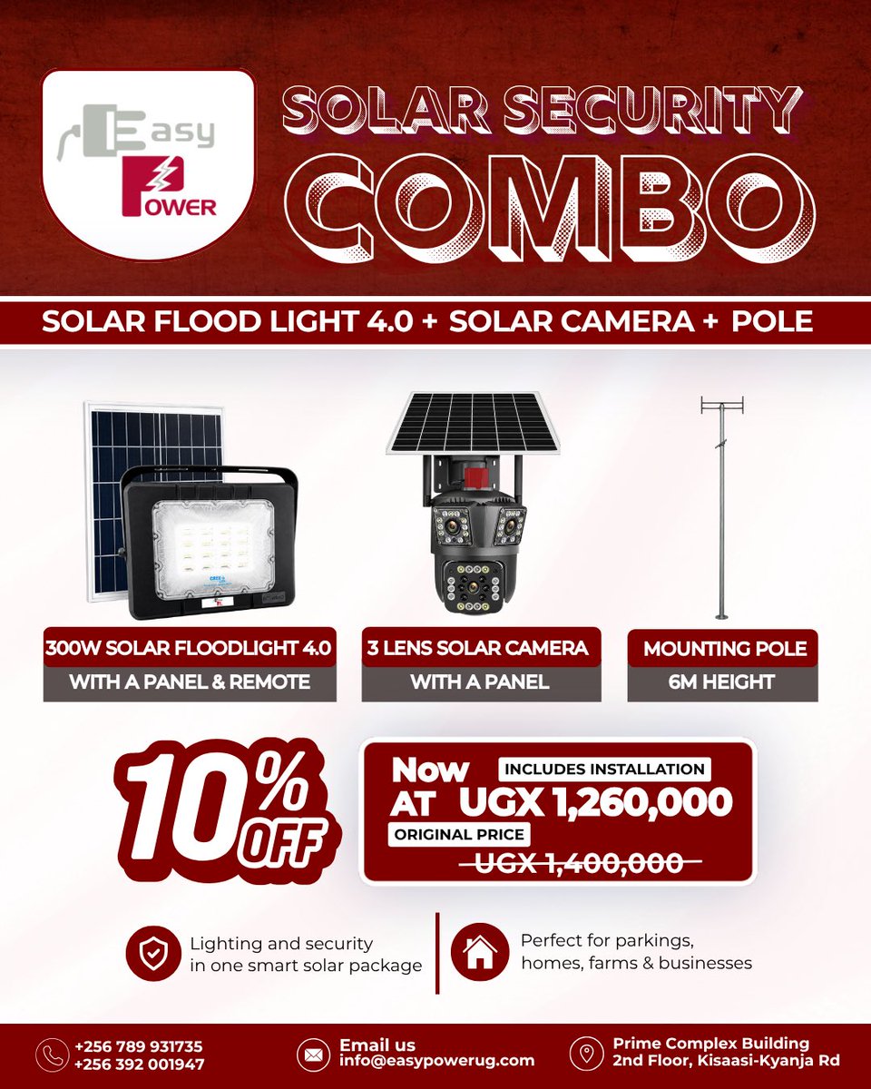 EasyPowerCoLtd's tweet photo. 💡🎥 Why buy only a light when you can get light plus security?

Get the Easy Power Solar Security Combo:

✅ 300W Solar Flood Light
✅ 3 Lens Solar Camera
✅ 6M Mounting Pole
✅ Installation

🎁 10% OFF
Now UGX 1,260,000

📲 +256 789 931735
📞 0392 001947

#EasyPower #SolarSecurity #CCTV #SolarLights
