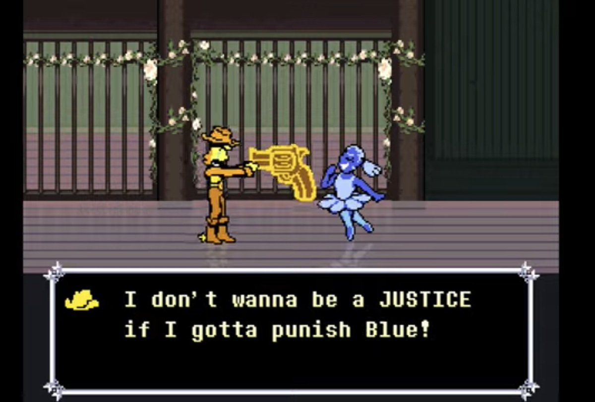 Bagandzi's tweet photo. Love that even though the flowers represent the soul traits, they are still wery flawed

Like how Blue is integrity, but pretends he didn't borrow money
Or Yellow being justice, but refusing to punish Blue

Also Yellow loving blue bc Justice rewards integrity

Oh toby fox you... https://t.co/X0S85WQbY8