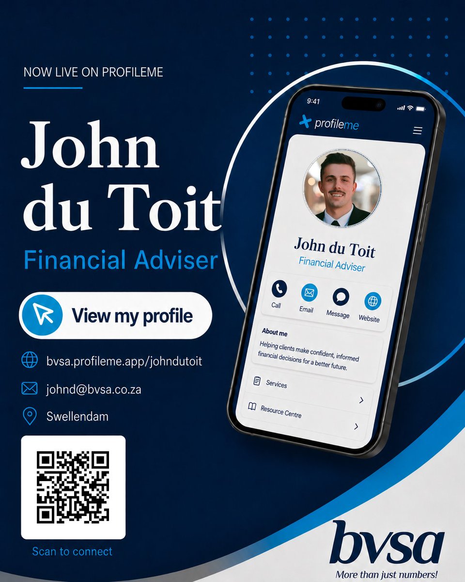 bvsagroup's tweet photo. Meet John du Toit – Financial Adviser at BVSA Swellendam

Whether you need guidance with financial planning, investment decisions, or simply want to connect with John, you can now do so quickly via his ProfileMe link or by scanning the QR code.

🔗 https://t.co/BL8sDfb7bf https://t.co/DTm332Rdh5