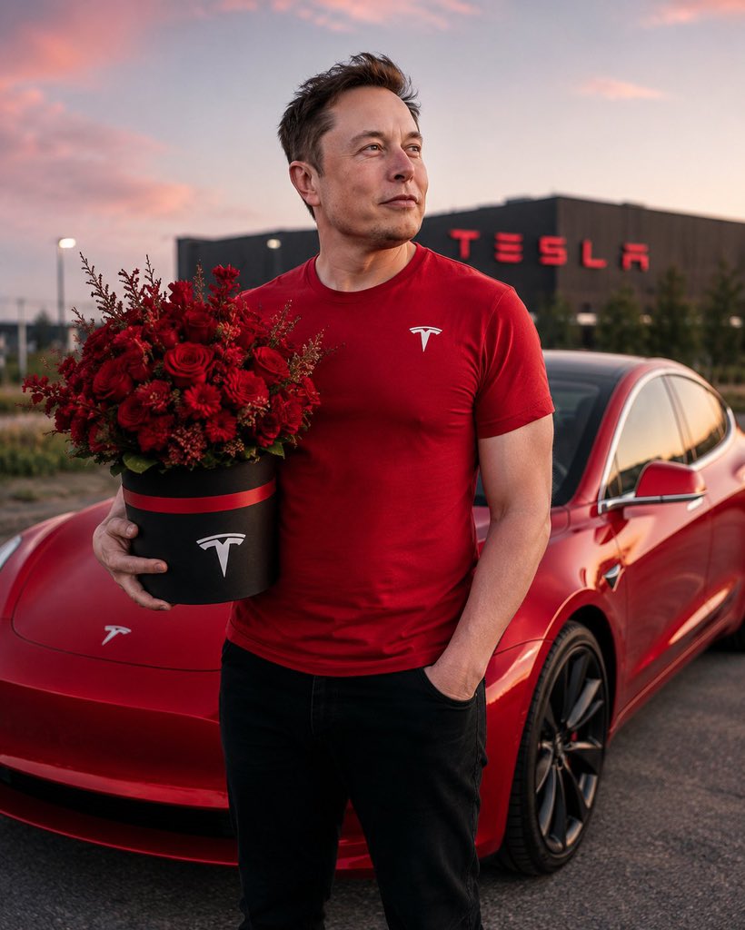 abmarkman's tweet photo. 🌹🚗❤️ Elon Musk standing with a beautiful red rose beside a red Tesla…

Red shirt, red car, red rose — looks like a full Valentine’s vibe! 😍✨

What do you think Elon is celebrating?

A) A new Tesla love story 🚗❤️
B) A romantic surprise 🌹
C) A special achievement 🚀
D) Just a perfect photo moment 📸

👇 Your guess?