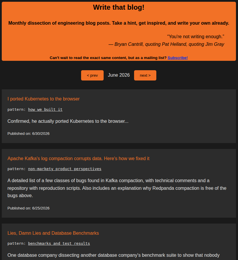 sarna_dev's tweet photo. June in https://t.co/8mJ7fPbtDc 👇 
I ported Kubernetes to the browser > @samwhoo, @ngrokHQ
Apache Kafka’s log compaction corrupts data. Here’s how we fixed it > Alexey Bashtanov, @redpandadata
Lies, damn lies and database benchmarks > @AndreyPechkurov, @QuestDb
Performance has layers > Steve Karam, @oxidecomputer
The feedback loops behind Kubernetes > @fatih, @PlanetScale
Every byte matters >  Farid Zakaria
Weekend trivia: your process’s memory is a file > @lcamtuf
Avian visitors > @WarnerTeddy