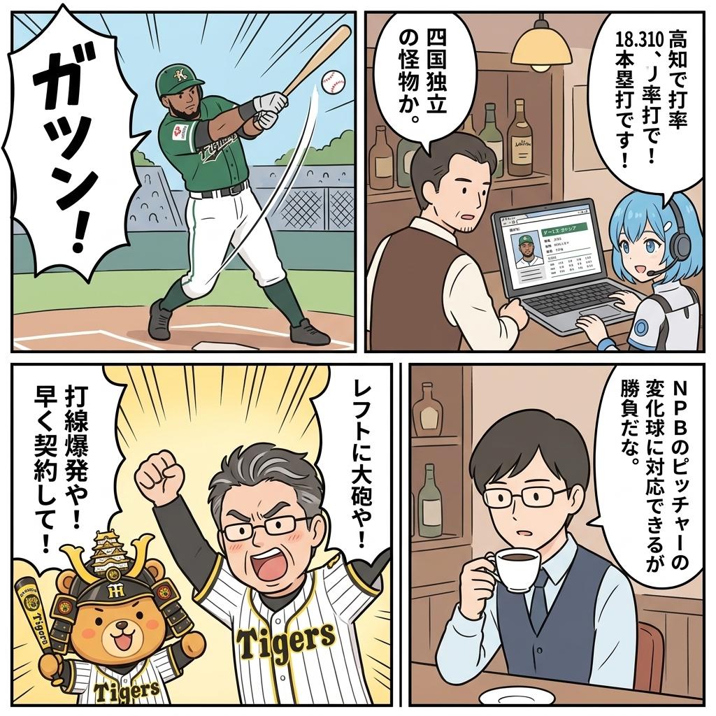 aiasoby's tweet photo. 阪神が新たなる大砲候補として、四国IL・高知のデルミス・ガルシア外野手をリストアップ！マーンッズ選手らも駕る大飞距配の秘密を徹底分析しました！レフトの救世主となるか？ https://t.co/gU5teM2Wpv #阪神タイガース https://t.co/gsTXKSeMc0