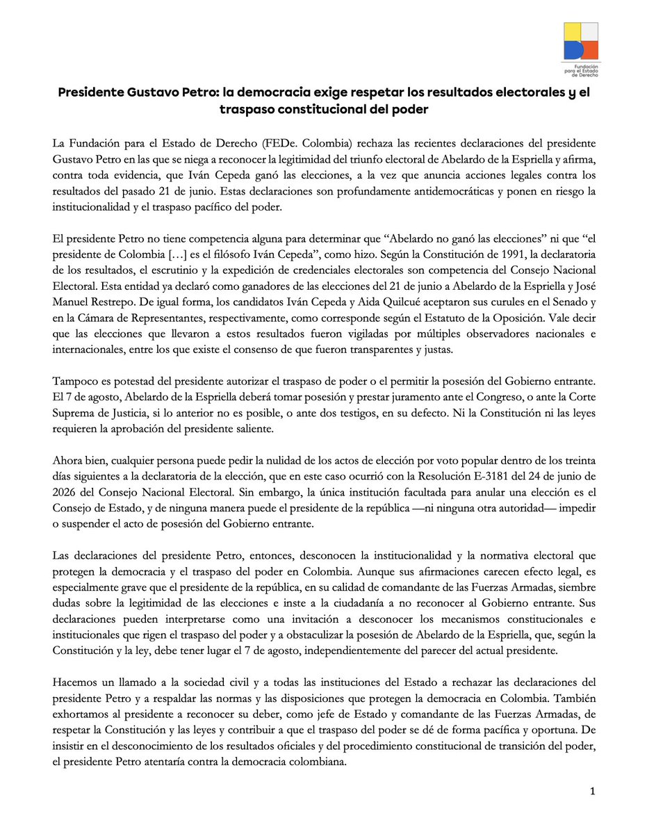 FEDe_Colombia_'s tweet photo. El @CNE_COLOMBIA ya declaró elegidos a @ABDELAESPRIELLA y @jrestrp. 

Ningún presidente tiene la facultad de desconocer esos resultados ni de impedir la posesión del presidente electo el 7 de agosto.

Exhortamos al presidente Gustavo Petro a respetar la Constitución y las competencias de las autoridades electorales, y hacemos un llamado a la ciudadanía y a las instituciones a defender el orden democrático colombiano.

👉 Nuestro comunicado https://t.co/Sd1v5AbyHE