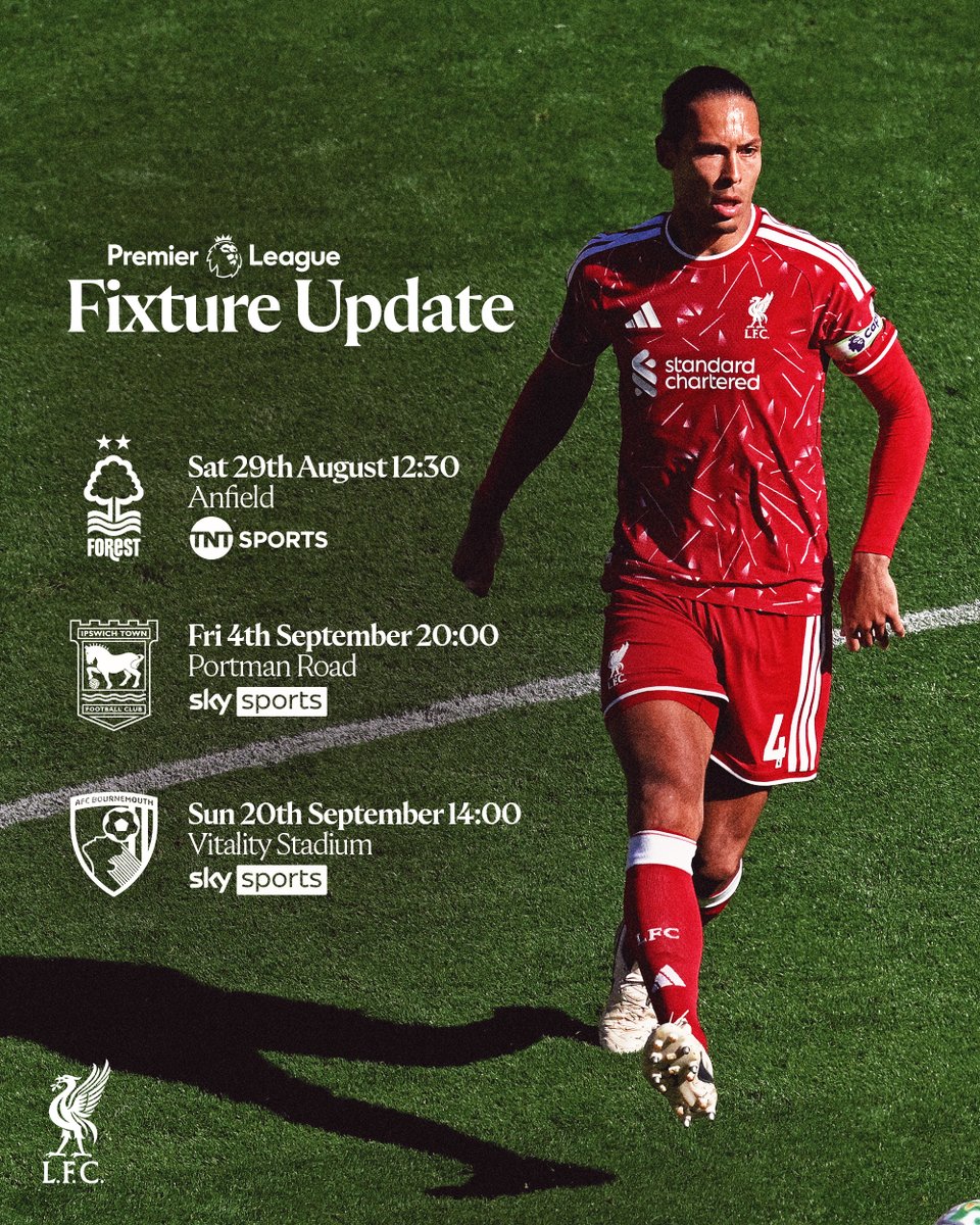 LFC's tweet photo. Three Premier League fixture changes have been confirmed for Liverpool in August and September 🗓️