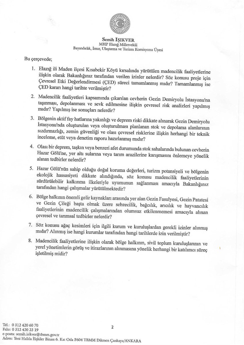 KverSemih's tweet photo. Maden İlçemizin Kısabekir Köyü kırsalında yürütülen madencilik faaliyetlerinin Hazar Gölü ve Gezin civarı başta olmak üzere bölgemizde meydana getirdiği çevresel risklerin incelenmesini içeren soru önergemizi Çevre Şehircilik Bakanımız Sn.Murat Kurum tarafından cevaplandırılmak üzere TBMM Başkanlığına sunduk. 

Hayırlı sonuçlara vesile olmasını dilerim.