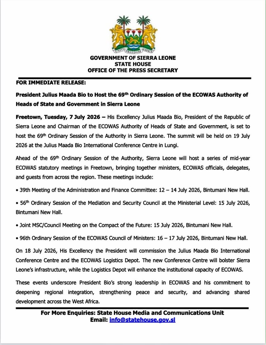SierraLeonInUAE's tweet photo. His Excellency @julius_maadabio  to Host the 69th Ordinary Session of the ECOWAS Authority of Heads of State and Government in Sierra Leone. 

#diplomacy #rebrandingSierraLeone https://t.co/OdWkAUa6dP