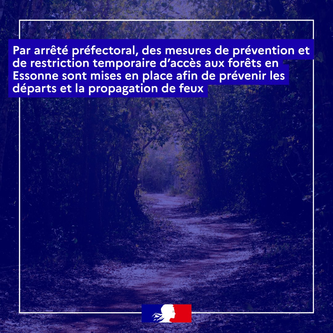 Prefet91's tweet photo. #Sécurité | En raison du risque élevé de départ et de propagation d’incendie, trois arrêtés préfectoraux instaurent des restrictions et interdictions temporaires afin de protéger les personnes, les biens et les espaces naturels.

1️⃣ Feux d’artifice et feux festifs

🎆 Du 7 au 15 juillet 2026, le tir de feux d’artifice est strictement interdit sur l’ensemble des espaces publics et privés de plein air du département de l’Essonne.

🔥 L’allumage de feux festifs, notamment les feux de la Saint-Jean, les feux de joie et les feux de camp, est également interdit.

2️⃣  Bois et forêts de l’Essonne

🌳 Du 7 au 15 juillet 2026 inclus, l’accès aux bois et forêts de l’Essonne de plus de 0,5 hectare, qu’ils soient publics ou privés, ainsi qu’aux zones situées à moins de 200 mètres de ceux-ci, est interdit au public.

🚫 Cette interdiction concerne les routes forestières, les sentiers de randonnée ainsi que l’intérieur de l’ensemble des parcelles forestières.

🛠️ Les activités professionnelles utilisant tout outil ou engin à moteur thermique ou électrique, ainsi que tout engin produisant du feu ou de la chaleur, sont interdites de 13 h à 22 h dans le périmètre concerné.

🌳 Cette interdiction s’applique également aux manifestations et événements organisés à moins de 200 mètres de ces mêmes bois et forêts.

3️⃣ Forêt domaniale des Trois Pignons

🌲 Jusqu’au 15 juillet 2026 inclus, la fréquentation de la forêt domaniale des Trois Pignons est interdite, dans les secteurs situés en Seine-et-Marne et en Essonne.

🚫 Cette interdiction concerne les routes forestières, les sentiers de randonnée ainsi que l’intérieur de l’ensemble des parcelles forestières.

📍 Pour identifier les secteurs forestiers concernés, nous vous invitons à vous reporter aux deux cartographies jointes :
➡️ la carte des bois et forêts concernés en Essonne ;
➡️ la carte de la forêt domaniale des Trois Pignons.

⚠️ Ces mesures visent à prévenir les risques de départ de feu et à protéger les personnes, les biens ainsi que les espaces naturels.