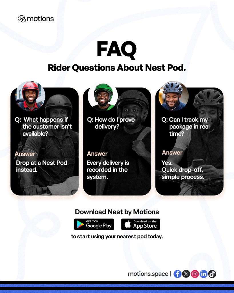 motions_space's tweet photo. Rider FAQ 

❓Customer isn't available? ➡️ Drop at a Nest Pod.

❓Need proof of delivery? ➡️ Every delivery is recorded.

❓Easy to use? ➡️ Fast. Simple. Secure.

Download the Nest by Motions app on Google Play or the App Store for a seamless delivery experience. https://t.co/3ckiDnG1EE