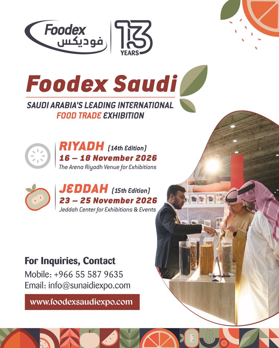 foodexsaudi's tweet photo. 13 years of bringing the world's food industry to Saudi Arabia — and 2026 will be the biggest yet.

Riyadh | 14th edition | 16–18 Nov | The Arena
Jeddah | 15th edition | 23–25 Nov | JCEE

https://t.co/3eKUZWu9Sk
#FoodexSaudi #FoodexSaudi2026 #FnB #Riyadh #Jeddah https://t.co/JkCBCvvT3c