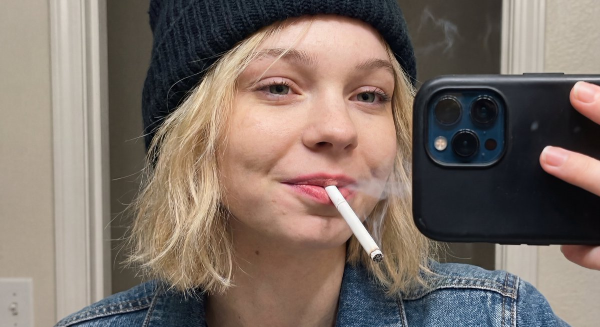 emma myers smoking cigarettes Fam Blonde hair, black beanie, denim