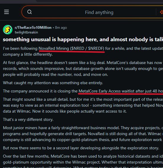marauoof96's tweet photo. Wassup alpha scouts, I keep holding $NRED because MetalCore makes the story bigger than one drill target

Wilmac already has the mining angle: 16,078 hectares in the Quesnel porphyry belt, southwest of Princeton, roughly 10 km west of Copper Mountain. That alone puts it in an interesting copper-gold neighborhood

But MetalCore adds the second layer

The platform identified a platinum group element signal across Wilmac claims. That means the story expanded from copper-gold into copper-gold-platinum. The Whipsaw Creek placer historically produced about 3,460 grams of gold, or 111.24 troy ounces, with platinum present. POLARIS 16 is classified with both porphyry Cu-Mo-Au and Alaskan-type Pt-Os-Rh-Ir signatures

Then the geophysics adds more flavor

The Trojan-Condor block shows the strongest regional magnetic high of the three blocks, reported at +10 to +456 nT with an average of +212 nT. Whipsaw Creek sits on a 300 nT aeromagnetic high

That is why MetalCore matters. It connects old production, occurrences, geochem, magnetic data and deposit models into one sharper thesis

This is why I’m still positioned in $NRED
Not advice, just reading the setup

$LMND $RIVN $CRWD