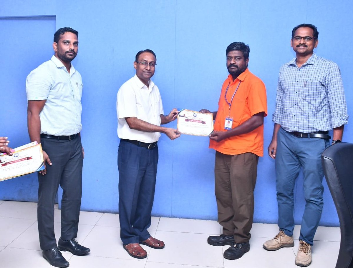 DrmChennai's tweet photo. Shri Kundan Kumar, Ballast Train Checker, Ambur , P. Kumaran ,Track Maintainer, Tambaram, K.V.Surya Rao , Track Maintainer , Sullurupeta were honoured with  Certificates of Appreciation by Shri Shailendra Singh, Divisional Railway Manager, Chennai Division, during the Safety Meeting held today  the Chennai Divisional Office. The award was presented in recognition of their exemplary dedication  and outstanding contribution towards ensuring safe and efficient railway operations.