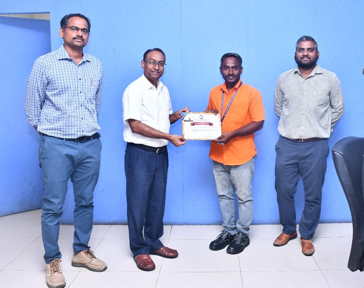 DrmChennai's tweet photo. Shri Kundan Kumar, Ballast Train Checker, Ambur , P. Kumaran ,Track Maintainer, Tambaram, K.V.Surya Rao , Track Maintainer , Sullurupeta were honoured with  Certificates of Appreciation by Shri Shailendra Singh, Divisional Railway Manager, Chennai Division, during the Safety Meeting held today  the Chennai Divisional Office. The award was presented in recognition of their exemplary dedication  and outstanding contribution towards ensuring safe and efficient railway operations.