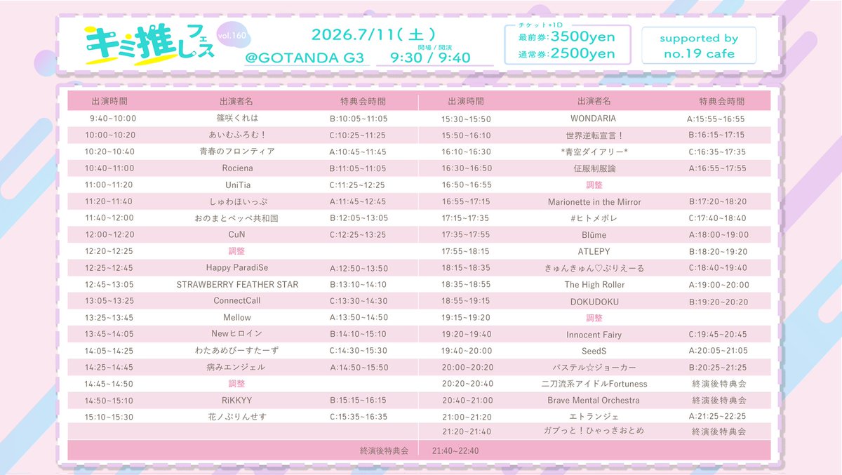 CuN__idol's tweet photo. ⌒♡｡

🗓 2026.07.11(土)

『キミ推しフェス vol.160』

📍 GOTANDA G3

🕰 OPEN 09:30/START 09:40

🎤 出番｜12:00
📸 特典会｜12:25

🎫 通常¥2,500/前方¥3,500/当日各種+¥1,000(D別)
🎁 入場特典｜予約2pt/当日3pt

🎟 チケット
https://t.co/SXfXcR1ZHP

#CuN #CuNスケジュール https://t.co/OIzzLRI4M9