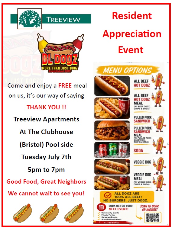 TreeviewApts's tweet photo. TODAY the hot dog food truck will be at Treeview Apartments. This event is for Treeview residents only. We hope to see you there, to enjoy a meal on us !! https://t.co/kw9MJqgXIA