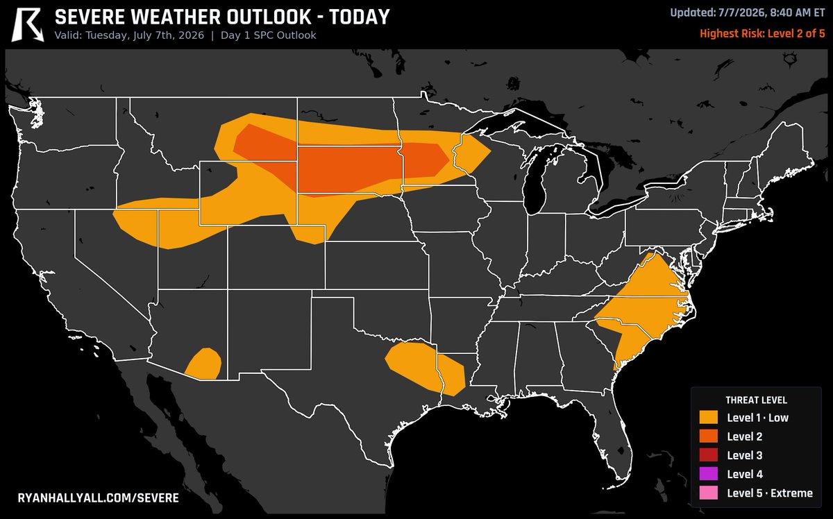ryanhallyall's tweet photo. Level 2 of 5 today across parts of Montana, South Dakota, and Minnesota.

Storms start out west this afternoon with hail, then the winds crank up after dark and pull everything into a line that can gust hard as it heads east. Around Alexandria, MN the roughest stretch runs into the late evening, peaking near 10 PM.