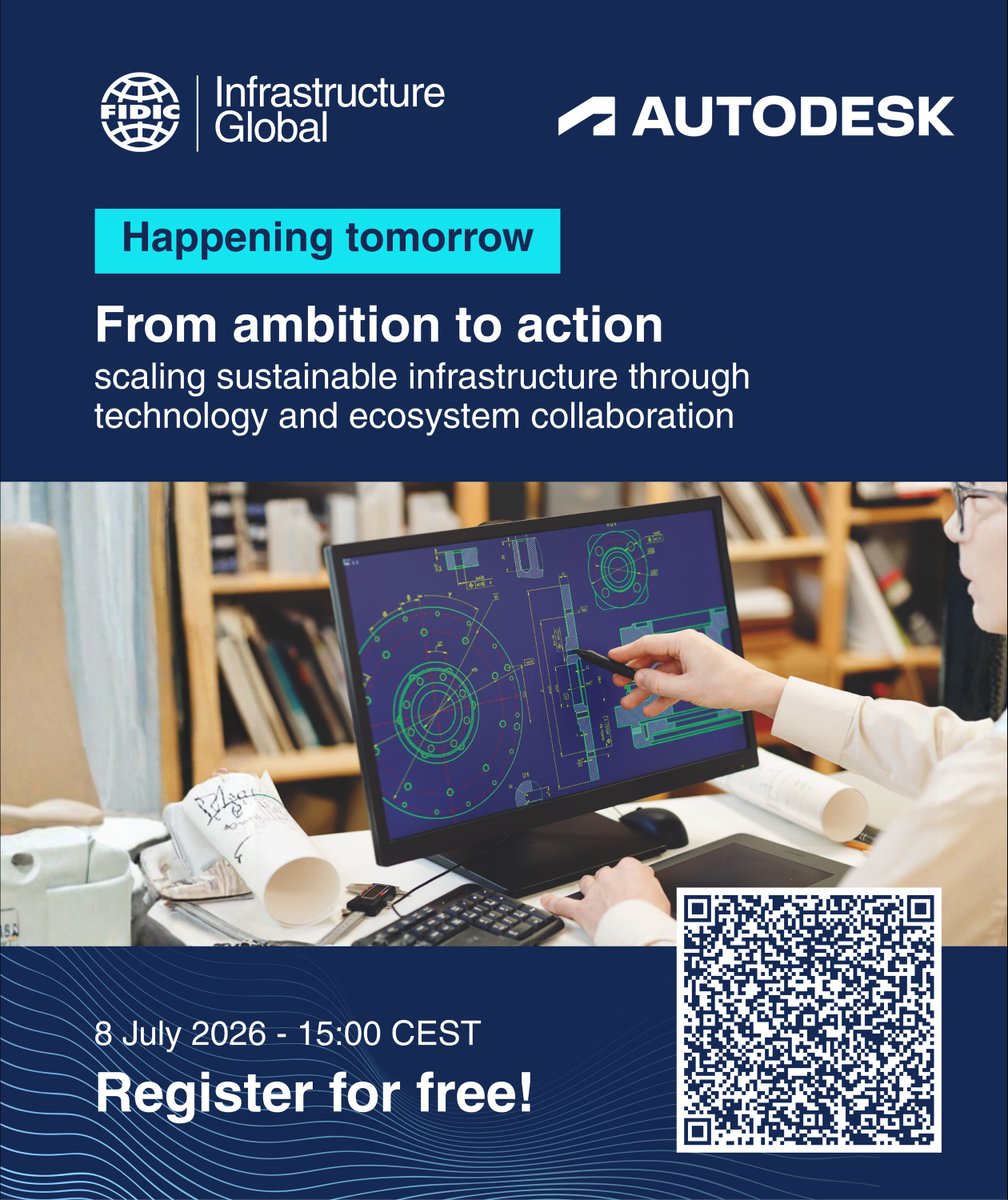 FIDIC's tweet photo. Tomorrow is the day. Join FIDIC Infrastructure Global and @autodesk for a webinar on how the infrastructure sector is turning sustainability commitments into measurable action, with Basma Eissa, Marta Bouchard, Nicolas Miravalls and Andreas Linnet. 

A discussion that sets the tone for what the global infrastructure community will continue in New Delhi this September at #FIDICGIC26.

15:00–16:00 CET. Register now for free:  https://t.co/fYXbOIi0Ze 

#SustainableInfrastructure #Infrastructure #Engineering
