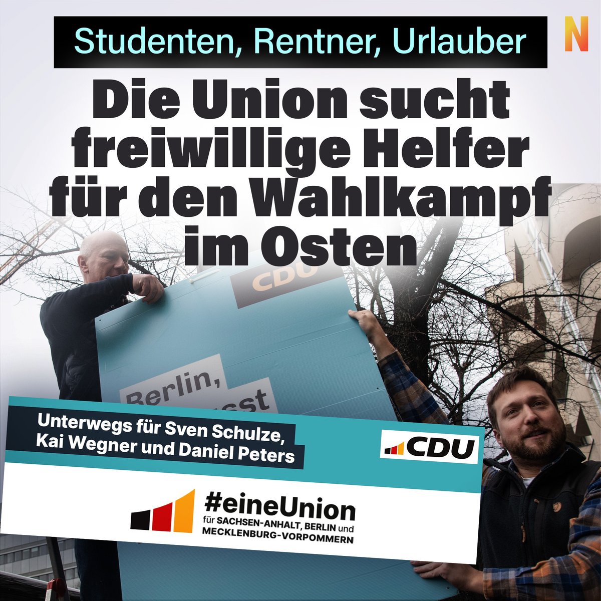 niusde_'s tweet photo. Es klingt wie eine Mischung aus lustigem Abenteuer-Urlaub und Mobilmachung. Unter dem Titel „Drei Bundesländer, eine Mission“ ruft die CDU in einer Rundmail ihre Mitglieder zur Wahlkampfhilfe in Berlin, Sachsen-Anhalt und Mecklenburg-Vorpommern auf. https://t.co/c8kUcmt4qt https://t.co/9uf1jgrDlc