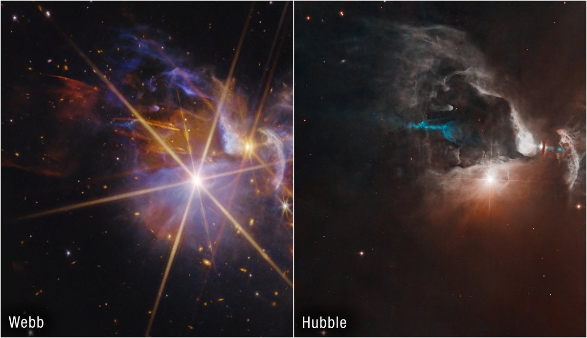RTB_HRoss's tweet photo. This image released days ago shows Webb & Hubble images of the FS Tau star-forming system. The right side of the Hubble image shows the protostar FS Tau B & its dusty protoplanetary disk. The Webb image cuts through the dust to reveal several other newly-forming stars, jets of gas & dust emitted by the new-born stars, & hundreds of background galaxies of various types.